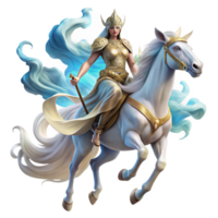 vibrant vintage A spectral Valkyrie with flowing white robes and a winged helmet riding a translucent eight-legged horse through a swirling nebula, digital painting professional png