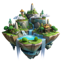 elegant rustic A floating island city, waterfalls cascading down the sides, lush vegetation, fantastical, magical style high resolution png