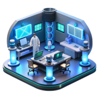 serene minimalist A futuristic laboratory filled with glowing screens and complex equipment, scientists working in the background, lit by cool blue and white lights premium png