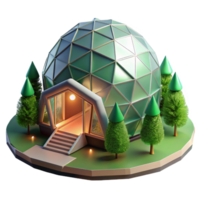 wonderful abstract A geodesic dome house nestled in a forest, soft green light filtering through the trees, eco-futurism style, high quality png