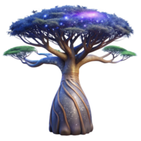 extraordinary rustic A colossal baobab tree with roots reaching into the starry cosmos, digital painting style, cosmic horror lighting high resolution png