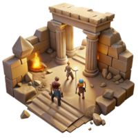 serene minimalist A group of adventurers exploring a forgotten temple, dusty sunlight streaming through cracks, pulp adventure style authentic png