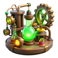 vibrant traditional A steampunk laboratory filled with bizarre inventions and intricate gadgets, cogs and gears scattered about, illuminated by a flickering, green light original png