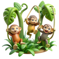 stunning classic A group of playful monkeys swinging through the jungle, dynamic poses and lush green foliage, cartoon style high resolution png