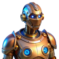 extraordinário rústico uma steampunk cyborg com brilhando azul olhos e intrincado mecânico aumentos, polido latão e cobre, iluminado de uma legal, azul luz autêntico png