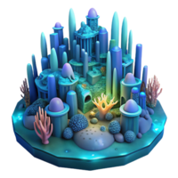 vibrant rustic An underwater city built of coral and glowing algae, deep ocean environment, bioluminescent lighting, otherworldly and mysterious high quality png