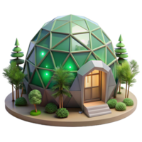 serene abstract A geodesic dome house nestled in a forest, soft green light filtering through the trees, eco-futurism style, high resolution png