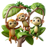 stunning creative A group of playful monkeys swinging through the branches of a lush rainforest, illuminated by dappled sunlight, in a vibrant cartoon style 4K png