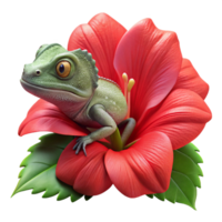 elegant creative A chameleon perched on a bright red hibiscus flower, its skin perfectly camouflaged, captured in macro photography with intricate details genuine png