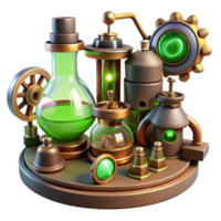stunning abstract A steampunk laboratory filled with bizarre inventions and intricate gadgets, cogs and gears scattered about, illuminated by a flickering, green light 4K png