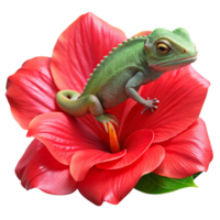 magnificent creative A chameleon perched on a bright red hibiscus flower, its skin perfectly camouflaged, captured in macro photography with intricate details authentic png