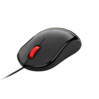 A sleek black computer mouse with a red scroll wheel on a clean transparent background showcasing modern design suitable for tech enthusiasts, computer mouse on transparent backgroundfile png