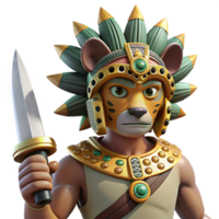 vibrant artistic A stoic Aztec warrior wearing a jaguar headdress, holding a obsidian blade, Aztec codex style, dramatic lighting, high resolution png