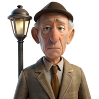 elegant vintage An elderly man with deep wrinkles and a weary expression, wearing a tattered tweed suit, lit by a dim streetlamp, chiaroscuro high resolution png