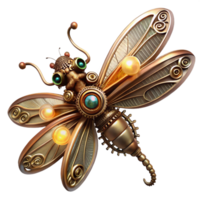 beautiful contemporary A steampunk dragonfly with delicate, filigree wings made of gears and cogs, hovering in mid-air, illuminated by a single spotlight detailed png