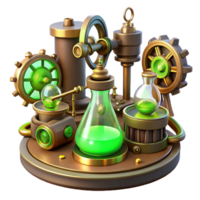 vibrant artistic A steampunk laboratory filled with bizarre inventions and intricate gadgets, cogs and gears scattered about, illuminated by a flickering, green light high quality png
