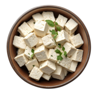 Fresh tofu cubes arranged in a brown bowl on a transparent background for a healthy culinary dish preparation, Tofu in bowl on transparent background png