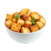 Freshly made crispy croutons in a transparent bowl on a clean background with herbs for garnish, Crispy croutons in bowl isolated on transparent background Stock Photo png