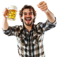 Joyful man celebrating with a raised beer mug in a casual setting during a festive occasion, Joyful Man Raising a Beer Mug Celebration Toast Isolated on transparent background png
