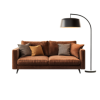 Elegant brown sofa with pillows and a floor lamp, accentuated by a textured rug in a bright setting, brown sofa with pillow rug and floor lamp isolated on transparent background png