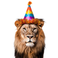 A majestic lion wearing a colorful party hat stands against a transparent backdrop for a festive celebration, Lion with Vibrant Party Hat on transparent background png