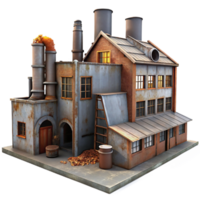 elegant classic An abandoned industrial factory, rusty metal and broken windows, dim lighting, dystopian style, high quality png