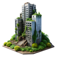 magnificent rustic Post-apocalyptic ruins of a skyscraper, overgrown with vegetation, muted sunlight, desolate atmosphere, hyperrealistic, matte painting, professional png