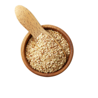 Nutritious quinoa grains in a wooden bowl with a spoon on a transparent background ready for cooking or serving, quinoa isolated on transparent background png