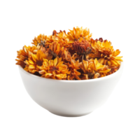 Dried chrysanthemum flowers arranged in a transparent bowl on a simple transparent background for decorative purposes, dried chrysanthemum flowers in transparent bowl isolated on transparent png