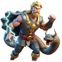 beautiful traditional Thor battling the Midgard Serpent in a raging thunderstorm, lightning illuminating Mjolnir, dynamic and action-packed, comic book style premium png