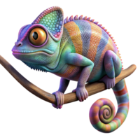 elegant classic A chameleon perched on a branch, its skin displaying a kaleidoscope of colors, vivid and surreal style high resolution png