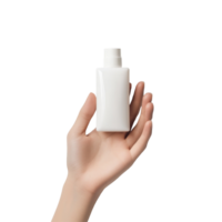 Hand holding a cream bottle with a minimalist design on a transparent background surrounded by fresh greenery, hands cream bottle on transparent background png