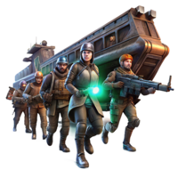A group of space pirates, clad in ragged clothing and armed with laser pistols, boarding a derelict spaceship, illuminated by flickering emergency lights. Gritty realism style, dramatic lighting png