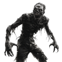 Creepy zombie creature emerges from the shadows, showcasing terrifying features and gnarled hands in a horrorthemed setting, Creepy Zombie Creature Scariest Horror Character On transparent background png