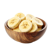 Fresh banana slices in a wooden bowl isolated on a clean transparent background, Banana slice in wood bowl isolated on transparent background png