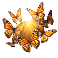 serene modern A swarm of monarch butterflies migrating through a sunbeam, vibrant colors, impressionist style professional png