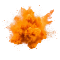Dynamic orange powder explosion isolated on transparent background showcasing vivid color and texture in a dramatic display, orange powder pulver explosion isolated on transparent background png