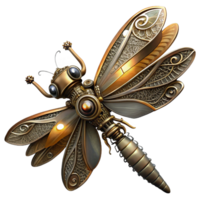 vibrant modern A steampunk dragonfly with delicate, filigree wings made of gears and cogs, hovering in mid-air, illuminated by a single spotlight genuine png