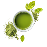 Instant matcha green tea in a bowl with powder and fresh leaves on a transparent background, instant matcha green tea on transparent background png