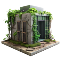 impressive creative A decaying server room overgrown with vines, post-apocalyptic style, dim and dusty lighting premium png