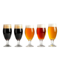 A variety of craft beer glasses arranged on a transparent background showcasing unique colors and foam textures, Craft Beer Glasses On transparent background png