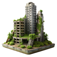 dramatic rustic Post-apocalyptic ruins of a skyscraper, overgrown with vegetation, muted sunlight, desolate atmosphere, hyperrealistic, matte painting, 4K png