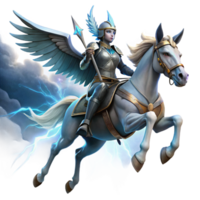 impressive creative A Valkyrie riding a winged horse through a stormy sky, lightning illuminating her armor, dramatic and dynamic style high quality png