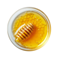 Golden honey in a petri dish with honeycomb on a transparent background in a clean flat lay arrangement, Honey in petri dish over transparent background flat lay png