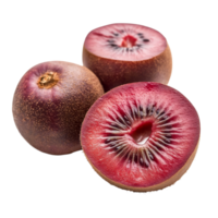 Fresh red kiwi fruit sliced open with vivid flesh displayed on a simple transparent background for culinary exploration, red kiwi fruit on transparent background png