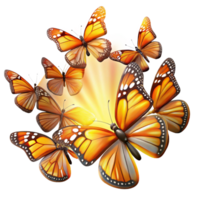 dramatic vintage A swarm of monarch butterflies migrating through a sunbeam, vibrant colors, impressionist style detailed png