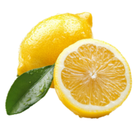 Fresh lemon with green leaf on a transparent background showcasing its vibrant color and juicy interior, lemon with leaf on transparent background png