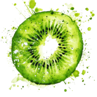 Vibrant abstract representation of a green kiwi fruit with splashes on a transparent background, Abstract green kiwi fruit on transparent background png