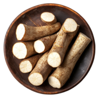 Fresh cassava roots neatly arranged on a rustic wooden plate against a clean transparent background, Cassava in plate on transparent background png