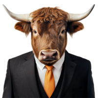 A bull dressed in a suit and tie, showcasing a unique blend of elegance and animal charm in a minimalist setting, Portrait of a bull wearing a suite, dress shirt and tie on a transparent background, png